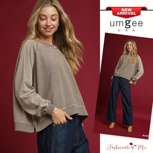 Umgee Mineral Wash Crew Neckline Relaxed Fit French Terry Sweatshirt | Mushroom - Picture 1 of 6